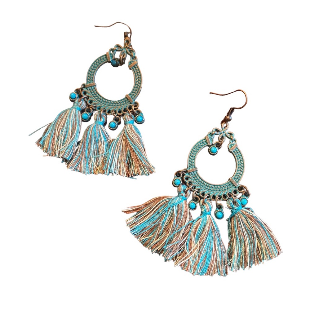 Boho Style Turquoise And Brown Fringe Drop Earrin… - image 1